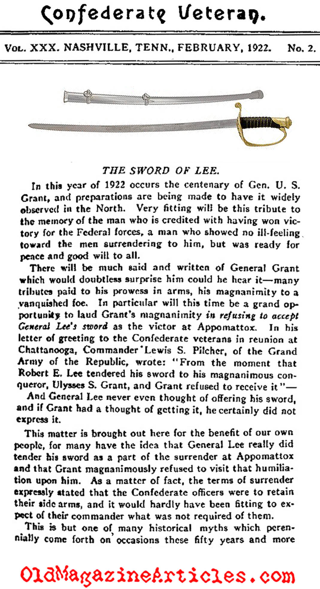 The Myth of Lee's Sword  (Confederate Veteran Magazine, , 1922)