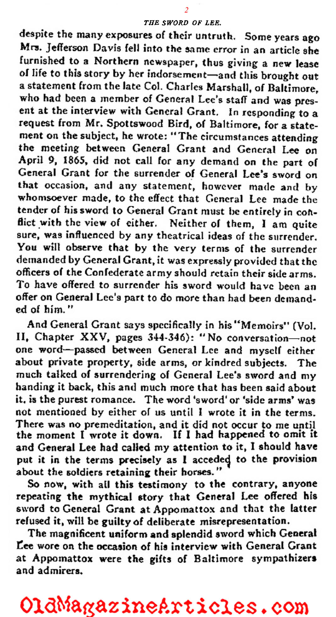 The Myth of Lee's Sword  (Confederate Veteran Magazine, , 1922)