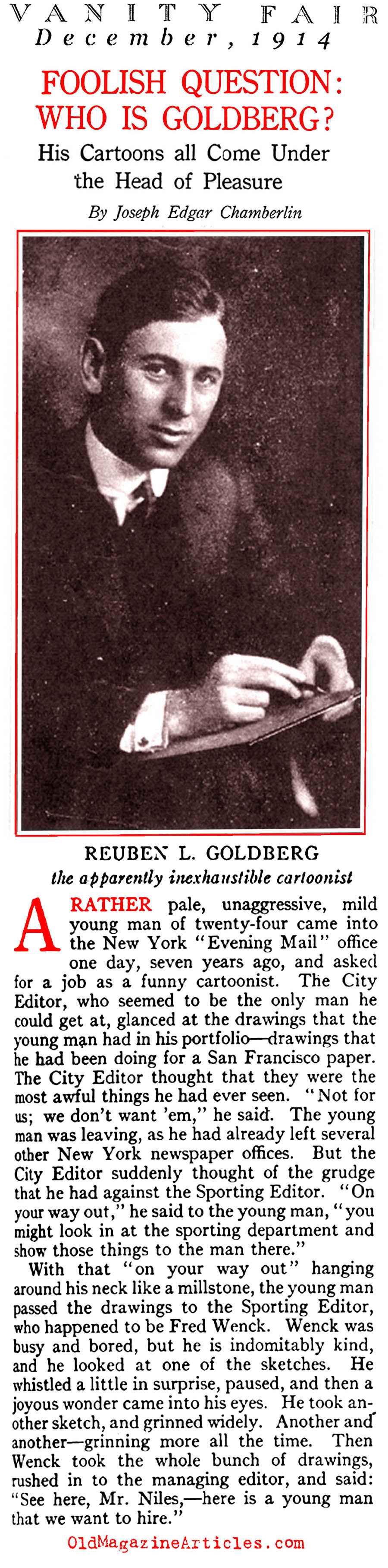 A Profile of Cartoonist Rube Goldberg, Cartoonist and Quack-Inventor  (Vanity Fair, 1914)