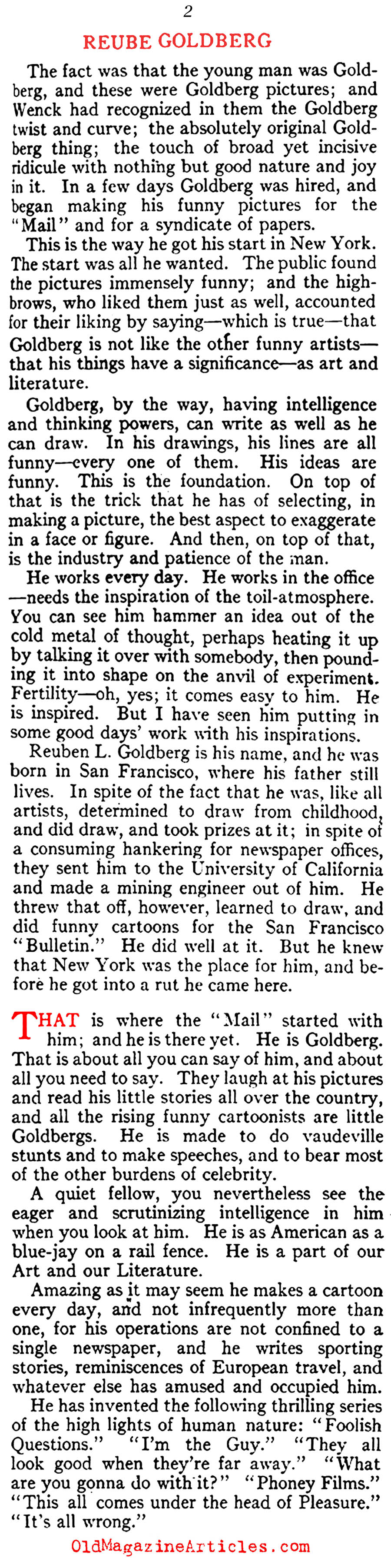A Profile of Cartoonist Rube Goldberg, Cartoonist and Quack-Inventor  (Vanity Fair, 1914)