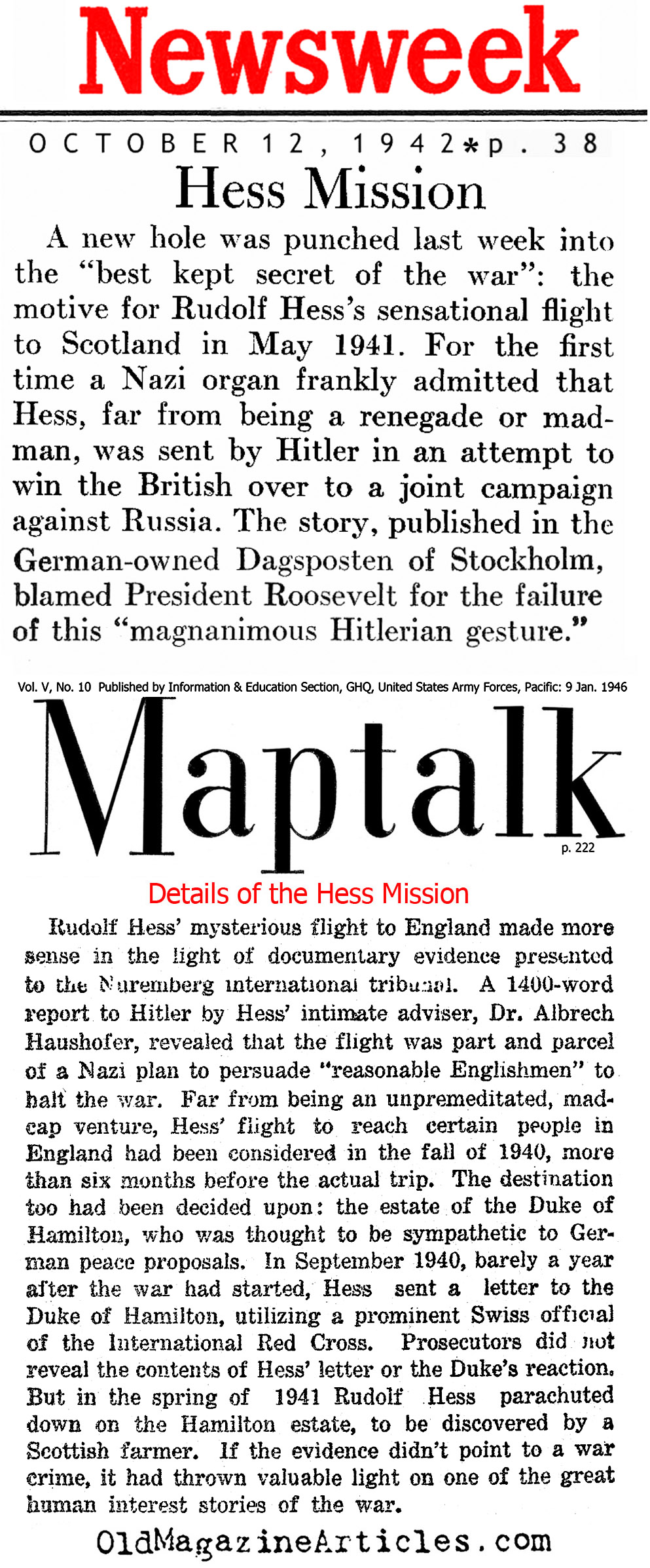 The Flight of Rudolf Hess (Newsweek, 1942 & Maptalk, 1946)