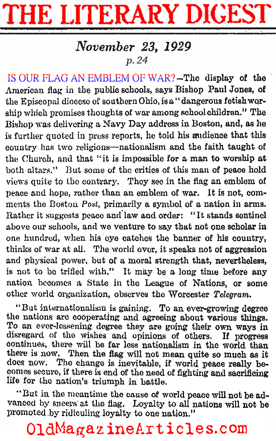 Schools Should Not Fly ''An Emblem Of War'' (Literary Digest, 1929)