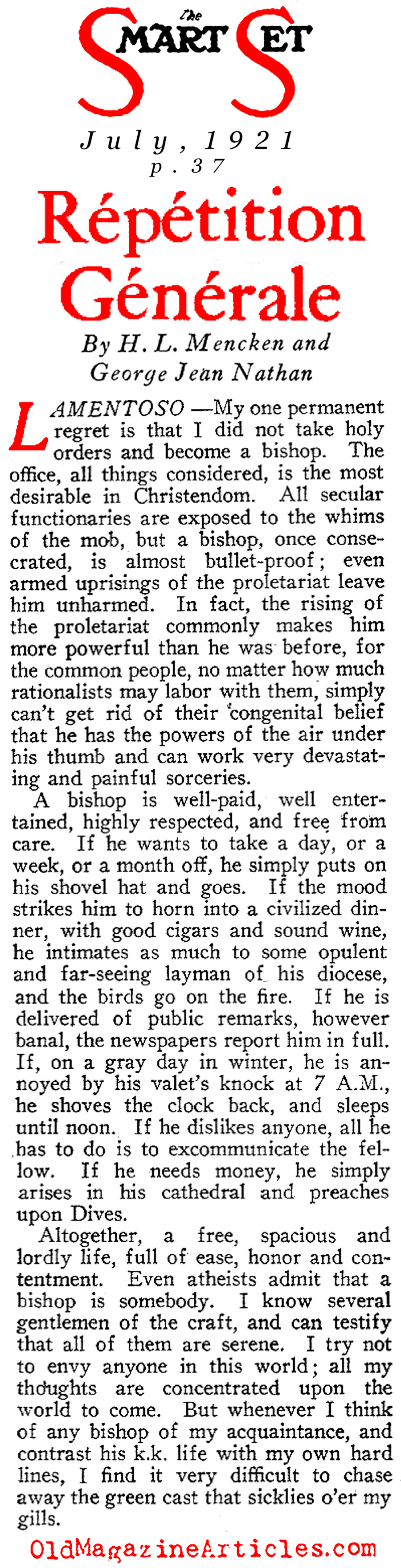 H.L. Mencken Admonishes  Catholic Hierarchy (The Smart Set, 1921)