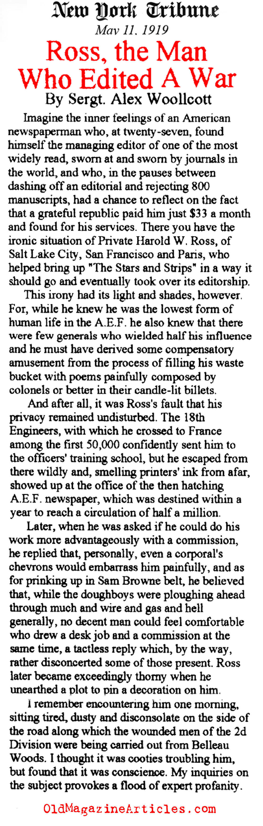 Harold Ross: Managing Editor of <I>  The Stars & Stripes</I>    (New York Tribune, 1919)