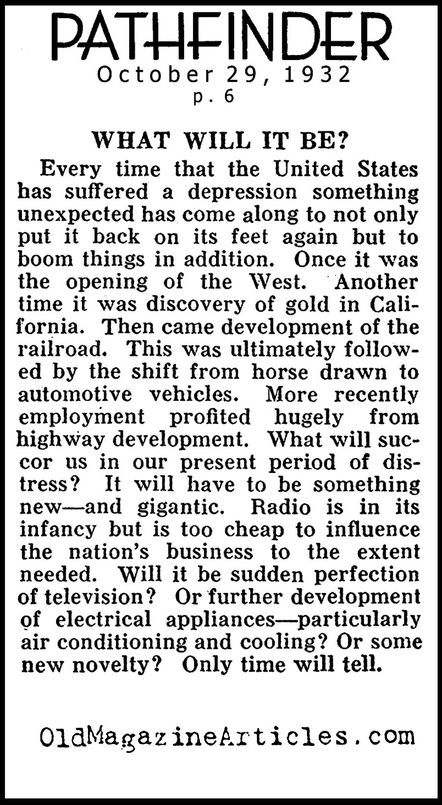 What Will Save Us? (Pathfinder Magazine, 1932)
