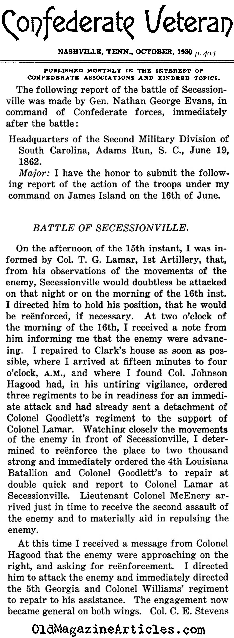 Rebel Victory at Secessionville (Confederate Veteran, 1930)