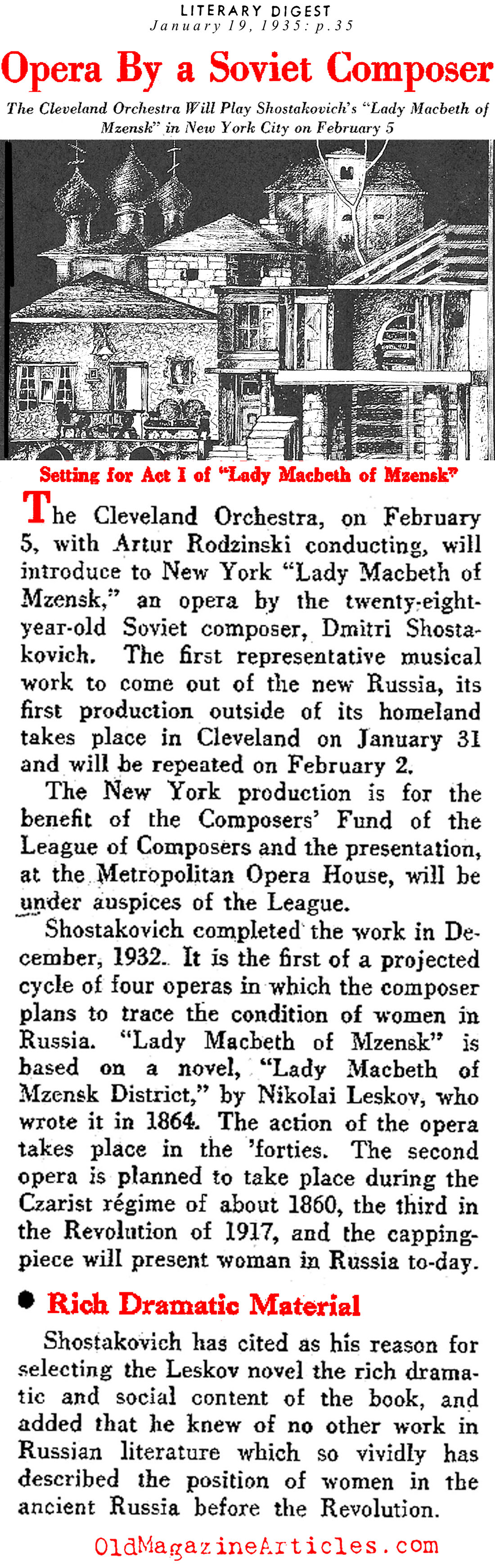 ''Lady Macbeth of Mzensk'' by Dmitri  Shostakovich (Literary Digest, 1935)
