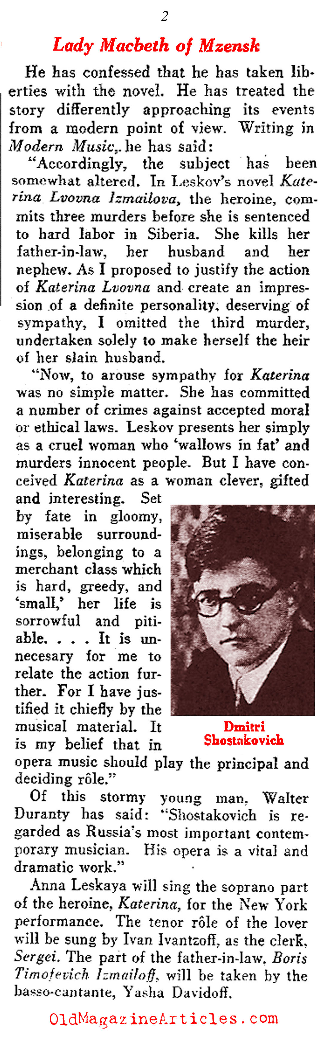 ''Lady Macbeth of Mzensk'' by Dmitri  Shostakovich (Literary Digest, 1935)