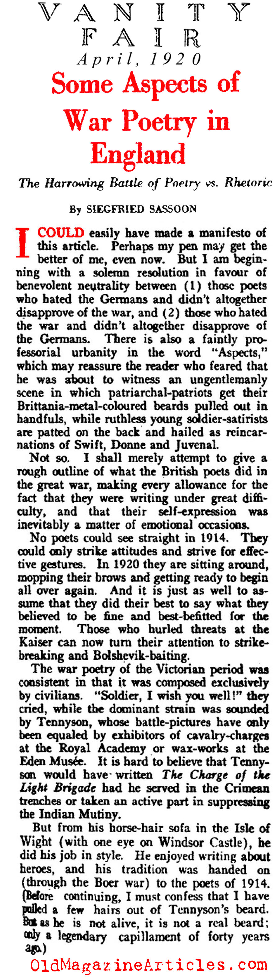 Siegfried Sassoon on the Soldier Poets  (Vanity Fair, 1920)