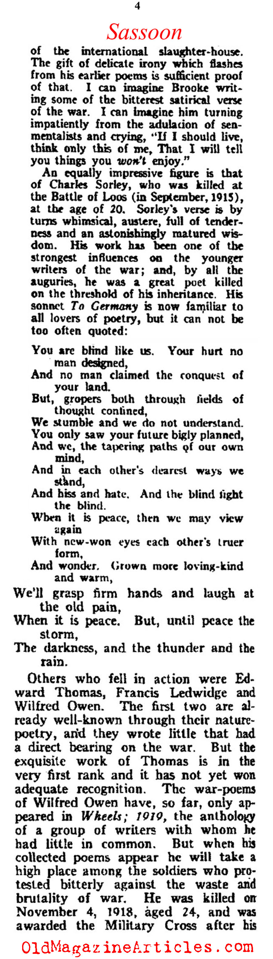 ''Some Aspects of War Poetry by Siegfried Sassoon (Vanity Fair Magazine, 1920)