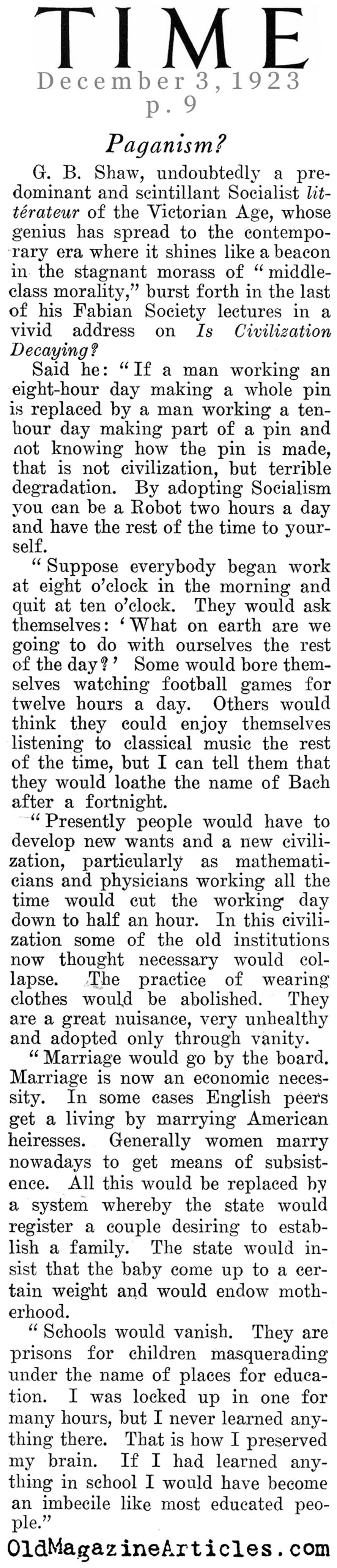 The Utopian GBS (Time Magazine, 1923)