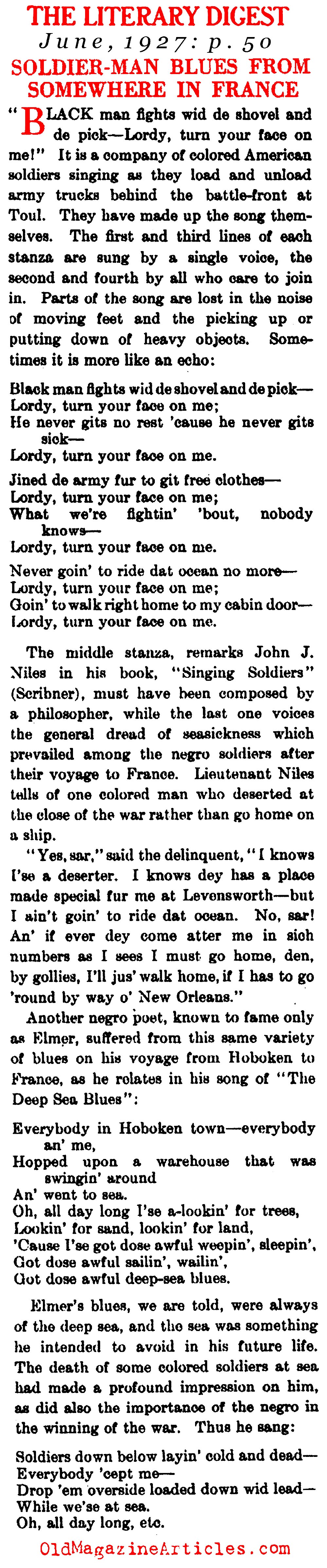 ''Soldier Man Blues from Somewhere in France'' (Literary Digest, 1927)