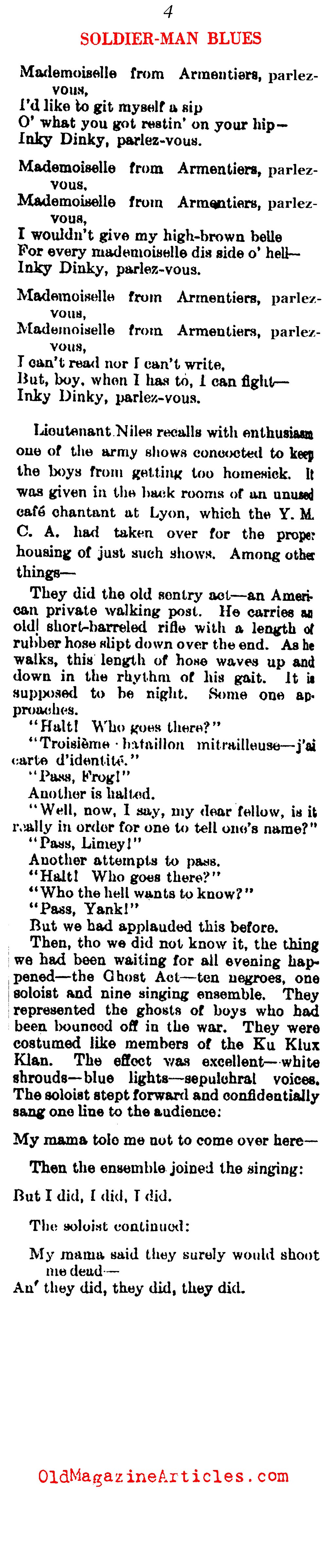 ''Soldier Man Blues from Somewhere in France'' (Literary Digest, 1927)
