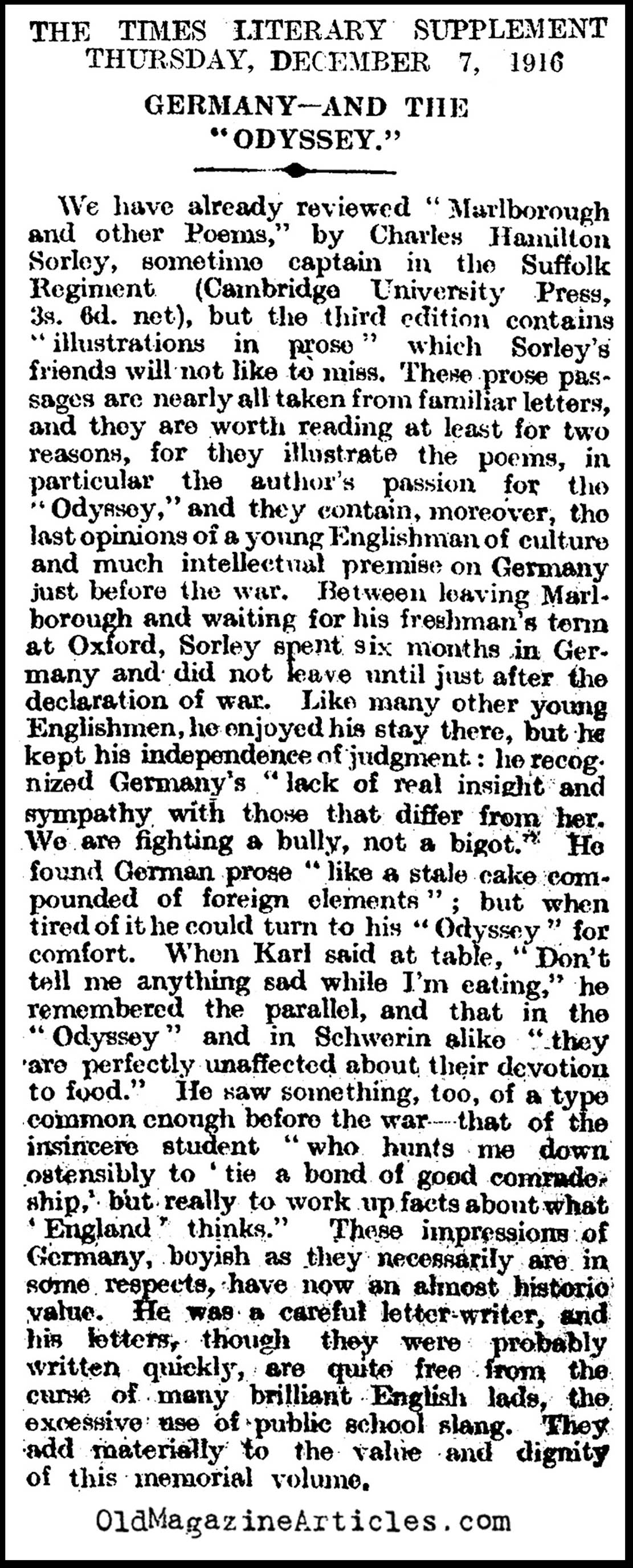 War Poet Charles Hamilton Sorely Reviewed<BR> (Times Literary Supplement, 1916)
