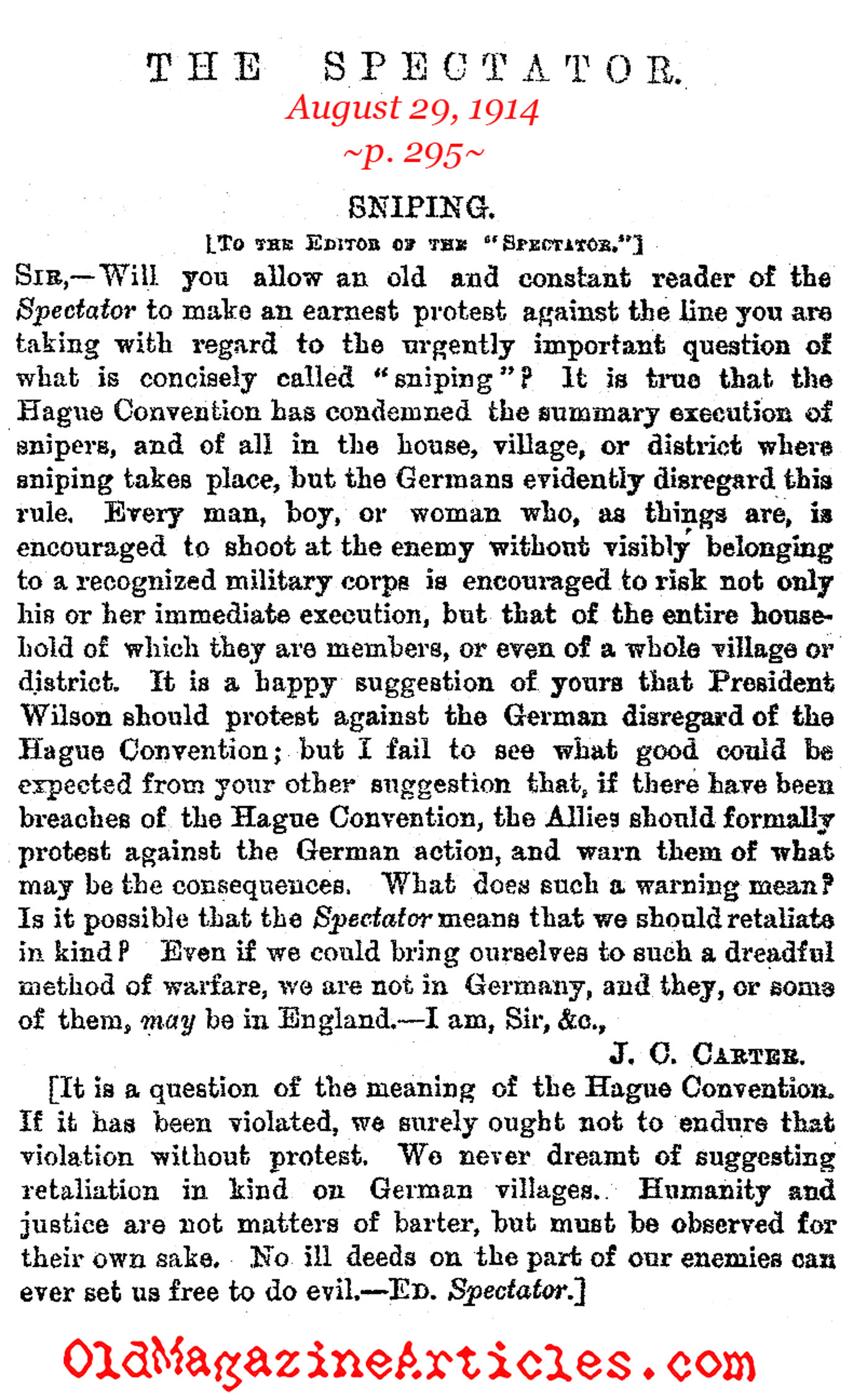 Snipers and the Hague Convention (The Spectator, 1914)