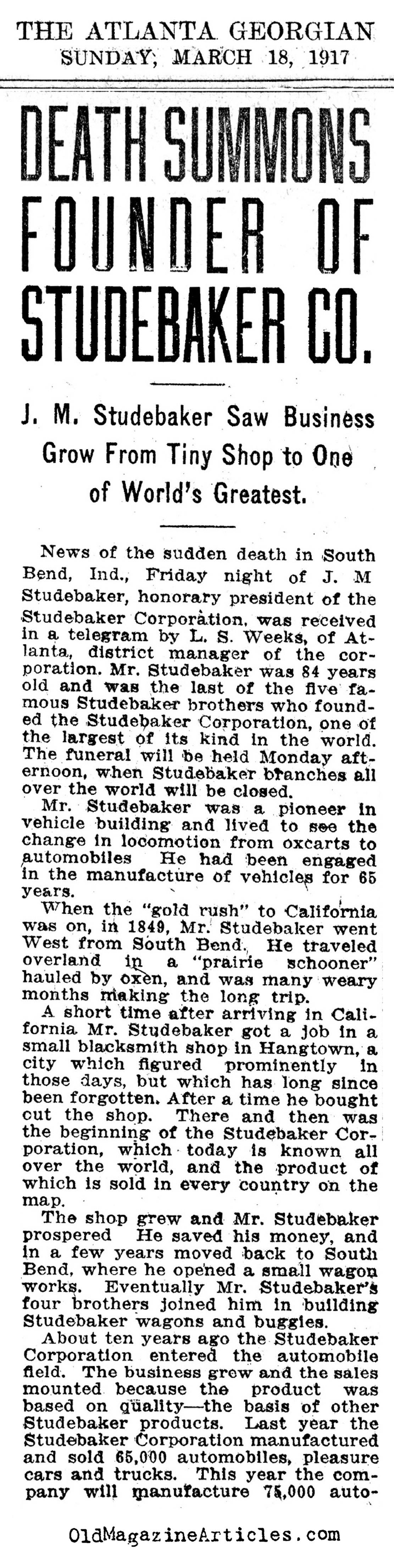 The Obituary of J.M. Studebaker  (The Atlanta Georgian, 1917)