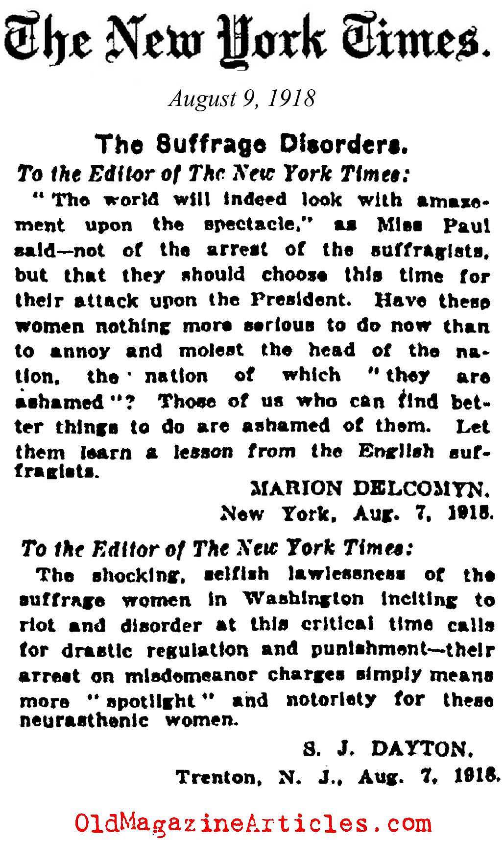 Suffragettes Attack President Wilson (NY Times, 1918)