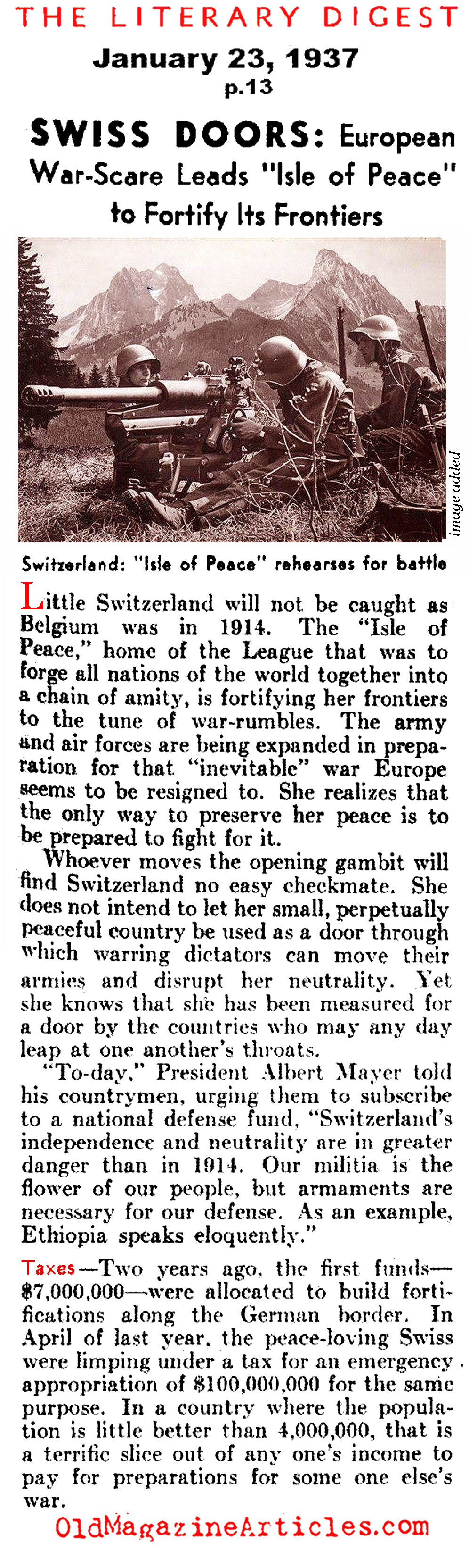 Military Buildup in Switzerland  (Literary Digest, 1937)