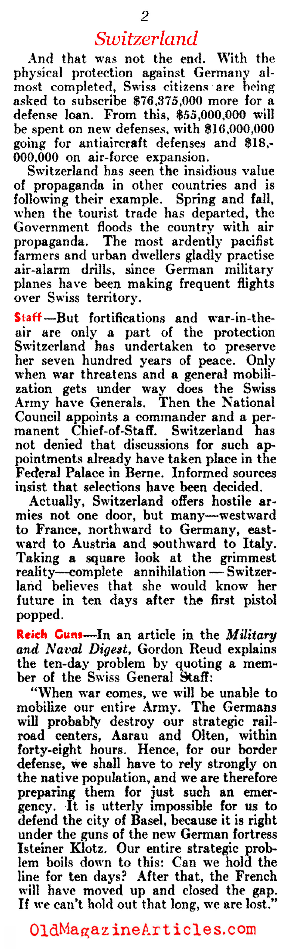 Military Buildup in Switzerland  (Literary Digest, 1937)