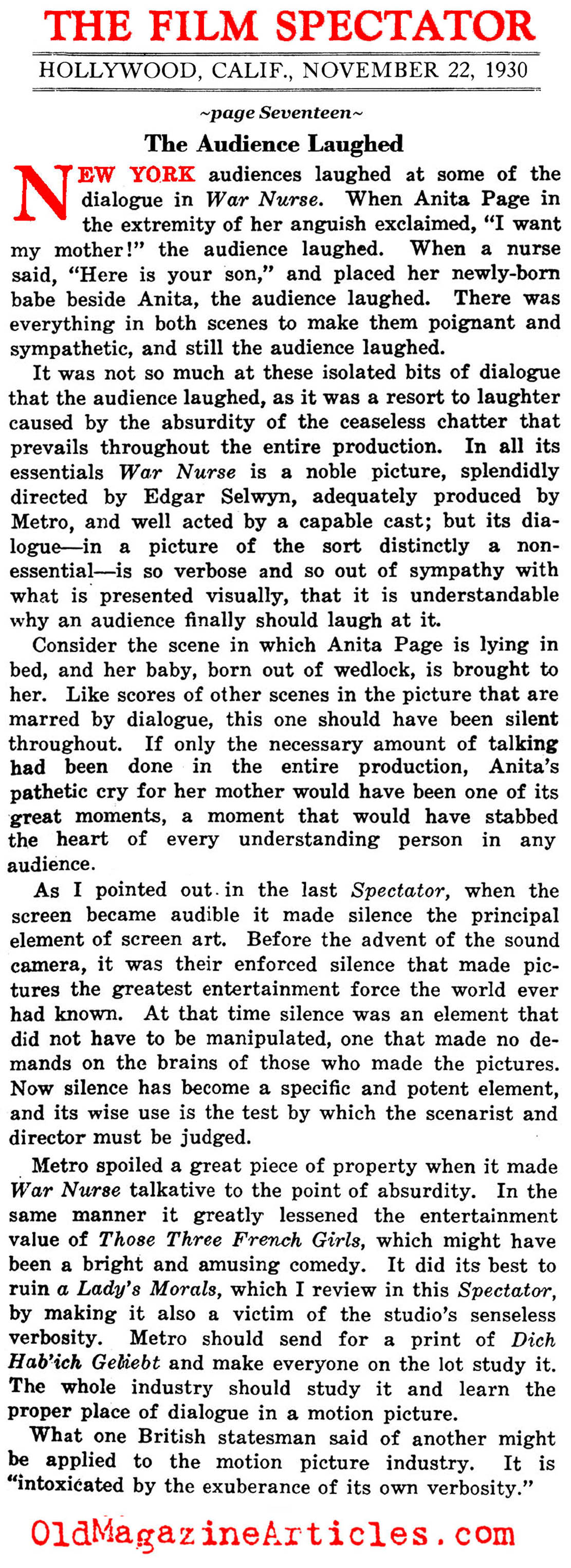 The Audience Laughed at the First  Talkies (Film Spectator, 1930)