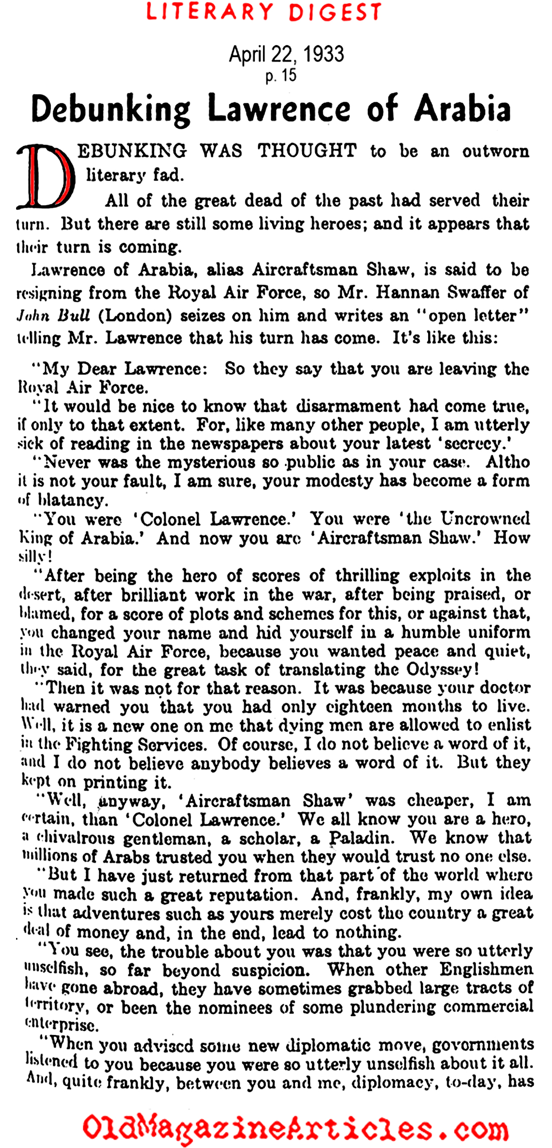 T.E. Lawrence: Tiresome Literary Celebrity  (Literary Digest, 1933)