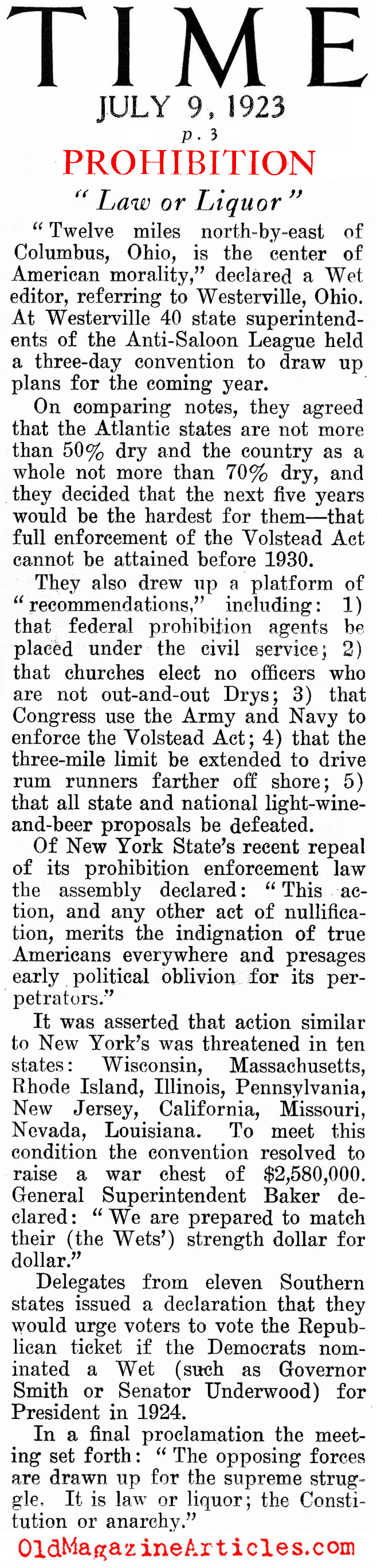 The Anti-Saloon League Convenes (Time Magazine, 1923)