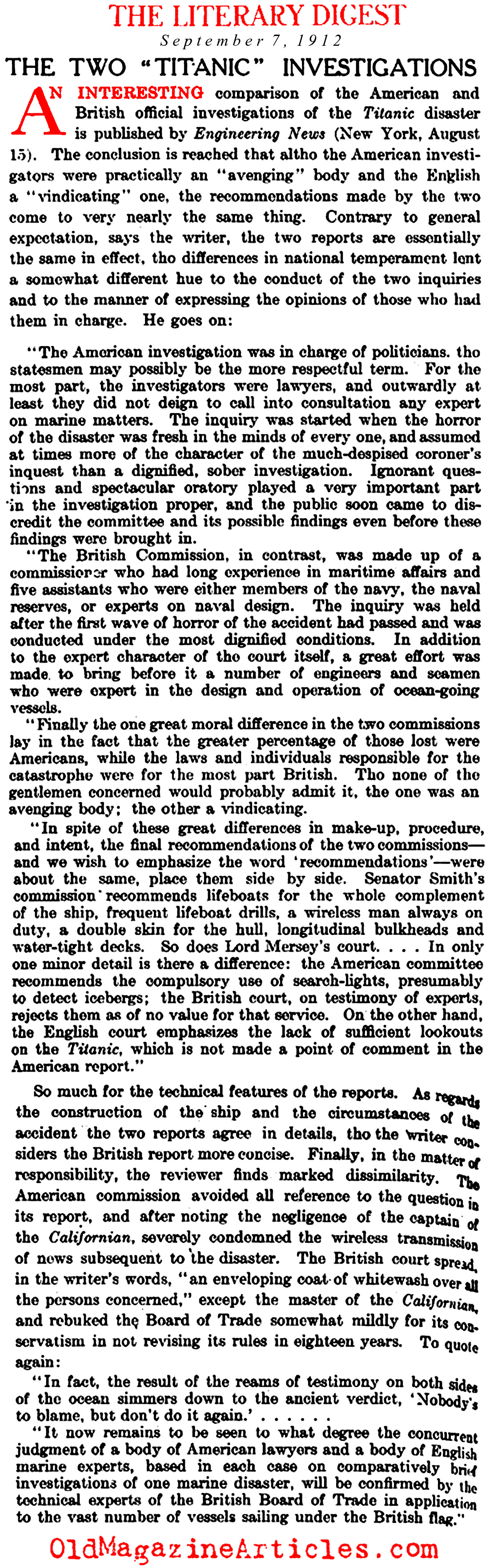 Two Governments Weigh In On The <em>Titanic</em> Disaster (Literary Digest, 1912)