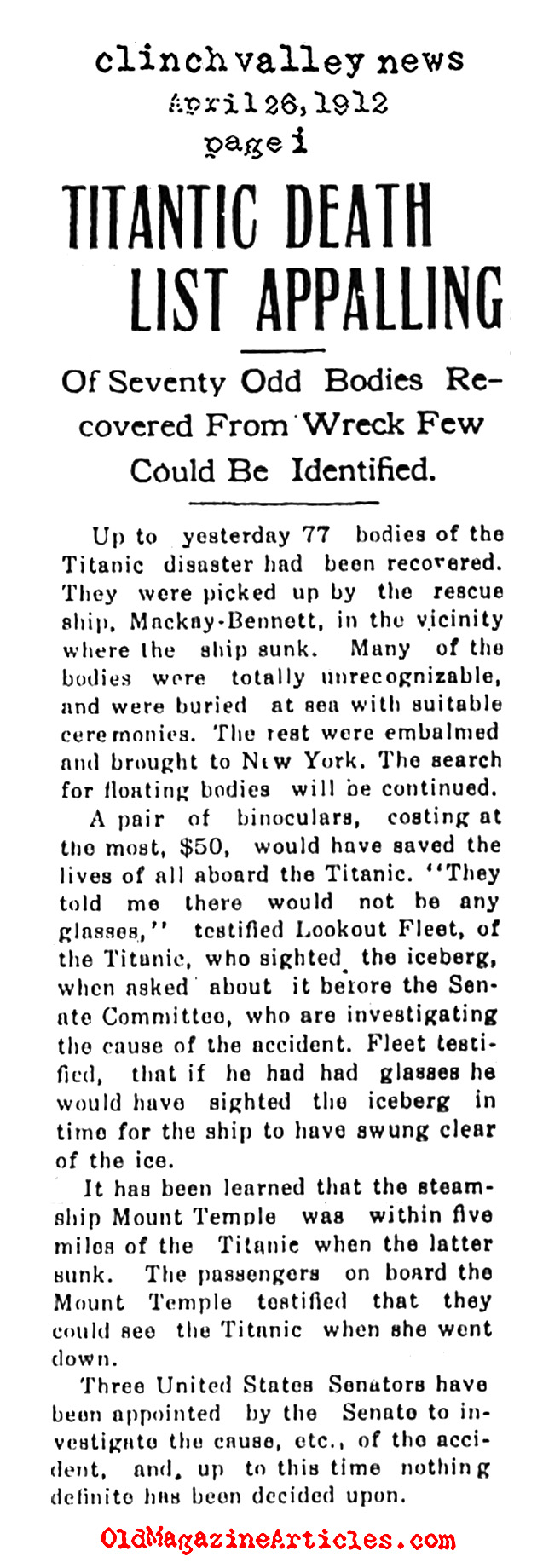 <em>Titanic</em> Corpses Continue to be Found (Clinch Valley News, 1912)