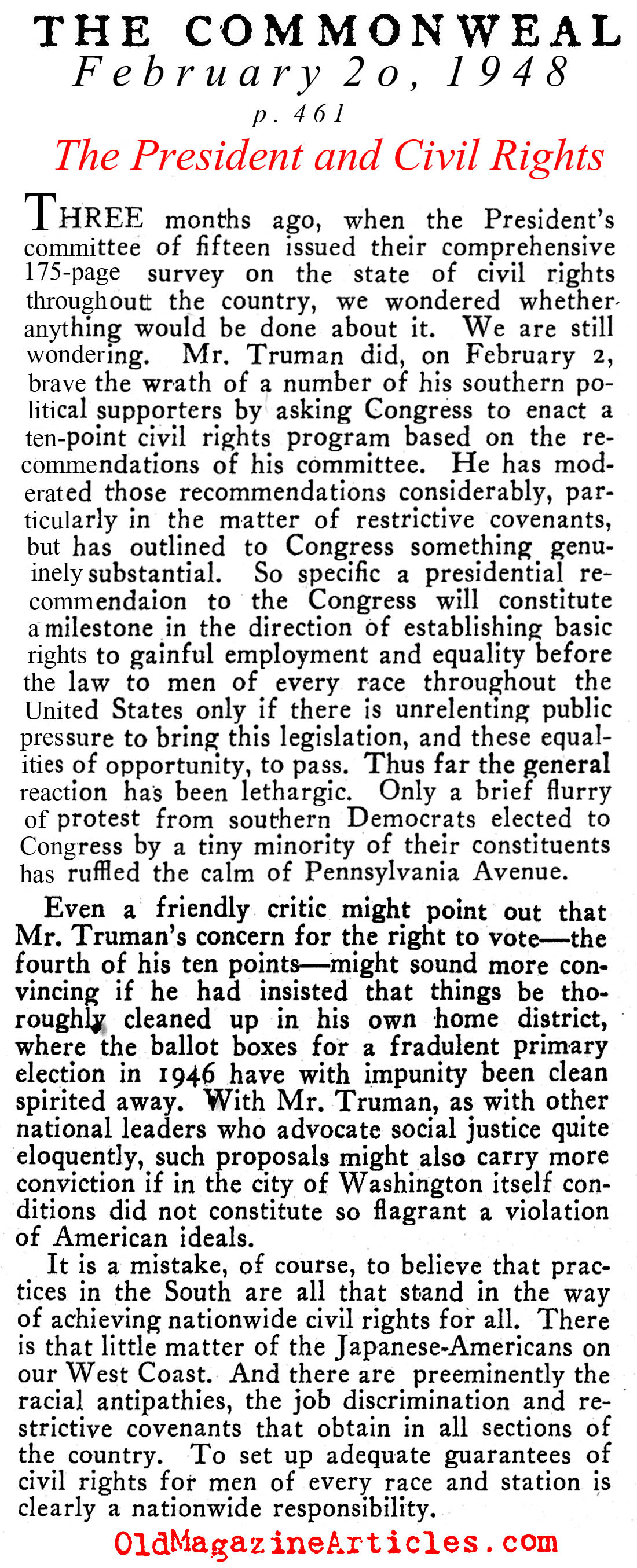 President Truman and Civil Rights (Commonweal, 1948)