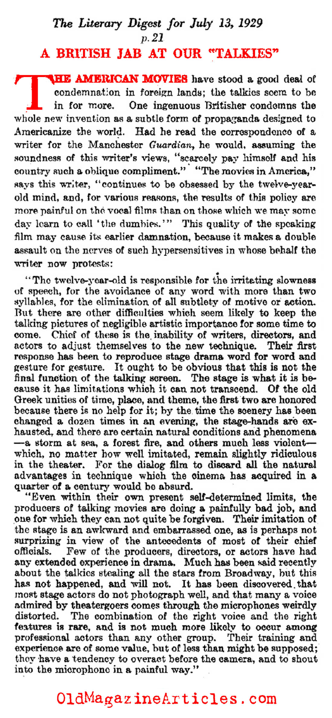 Some British Opinions About the First Talking Movies (Literary Digest, 1929)