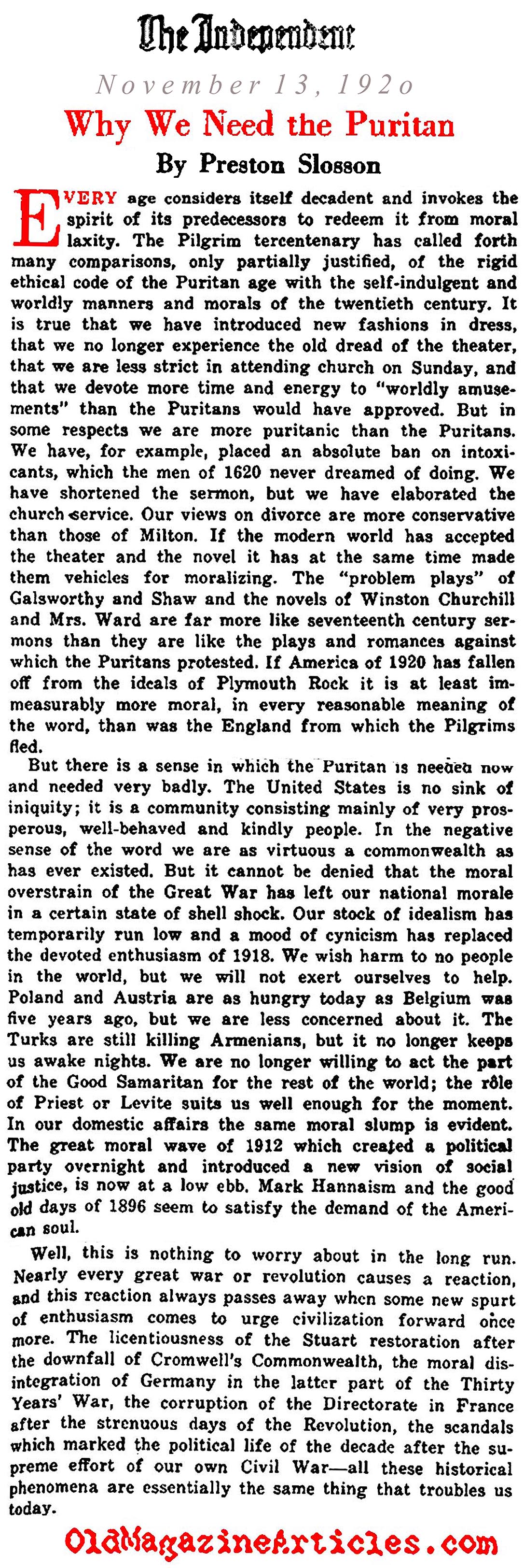 Post-W.W. I Society and the New Spirit of the Twenties (The Independent, 1920)