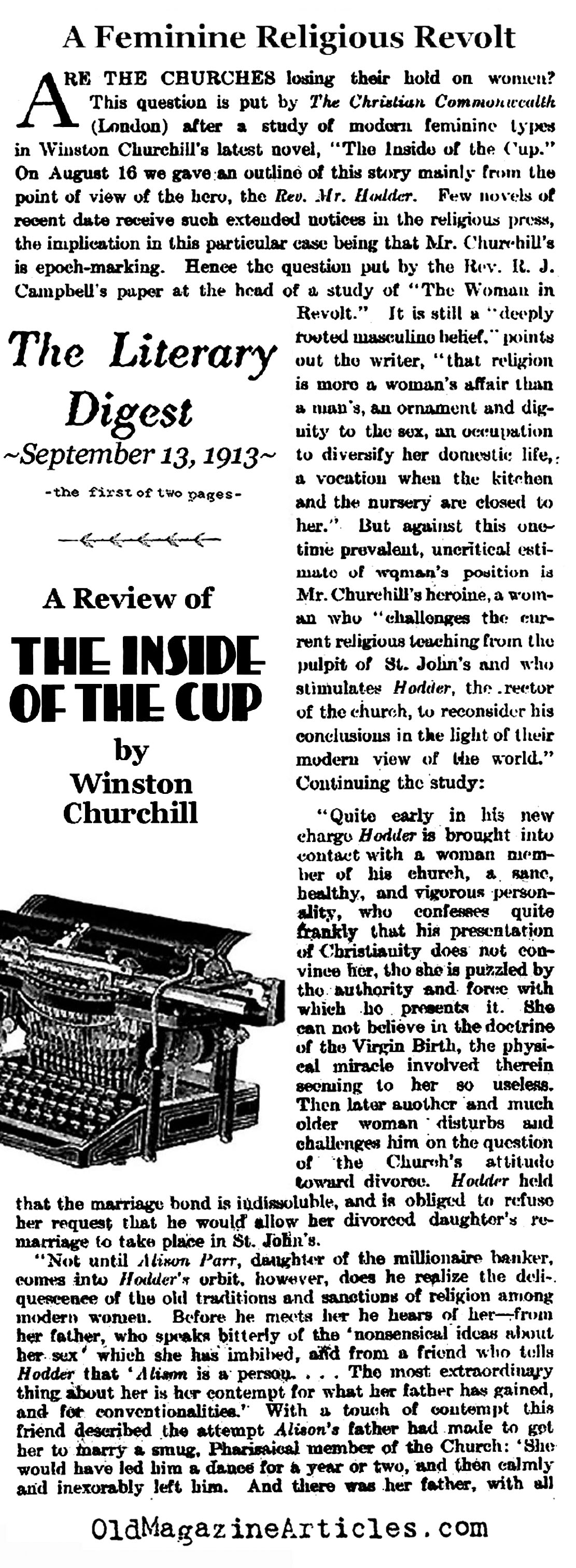 Reviewed: <i>The Inside of the Cup</i> <BR>by Winston Churchill (Literary Digest,1913)