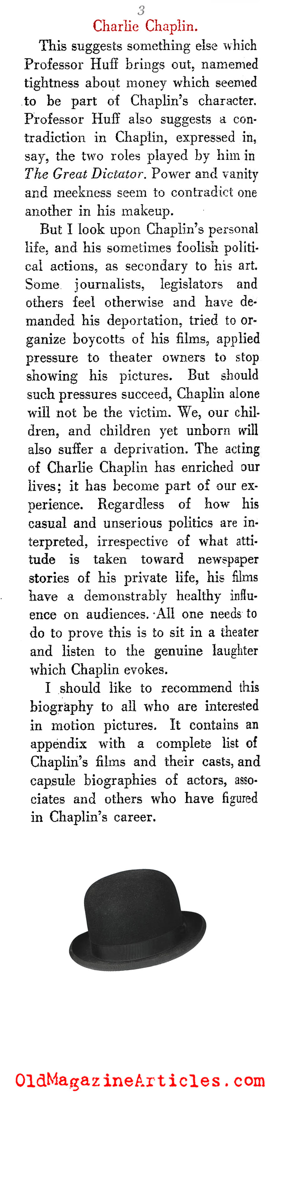 Charlie Chaplin Bio (New Leader Magazine, 1951)