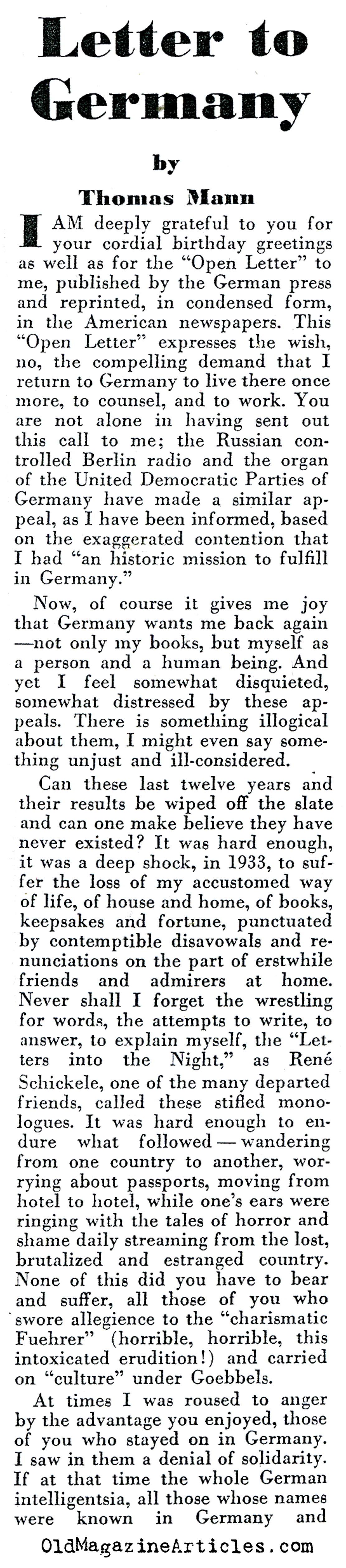 ''A Letter to Germany'' by Thomas Mann (Prevent W.W. III Magazine, 1945)