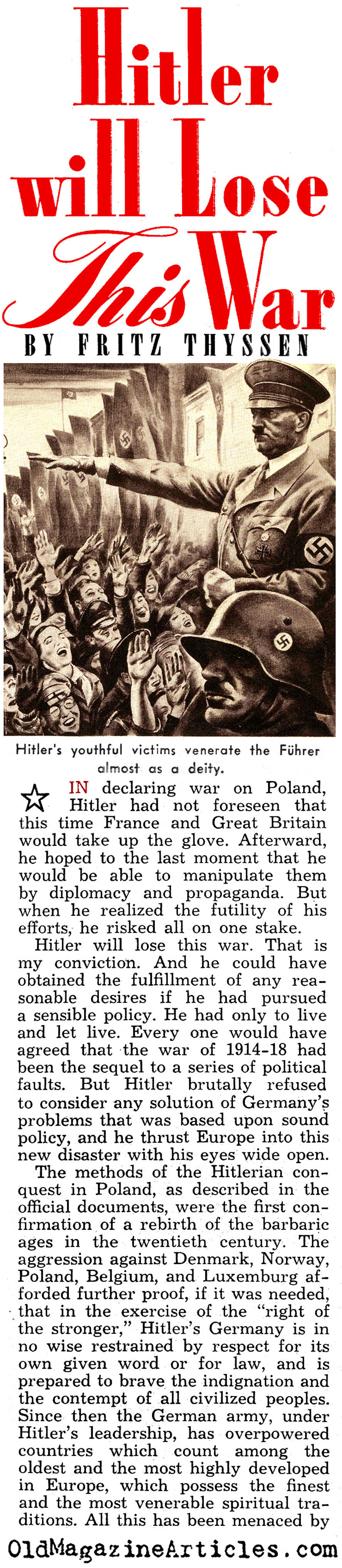 Fritz Thyssen on Hitler (Liberty Magazine, 1941)