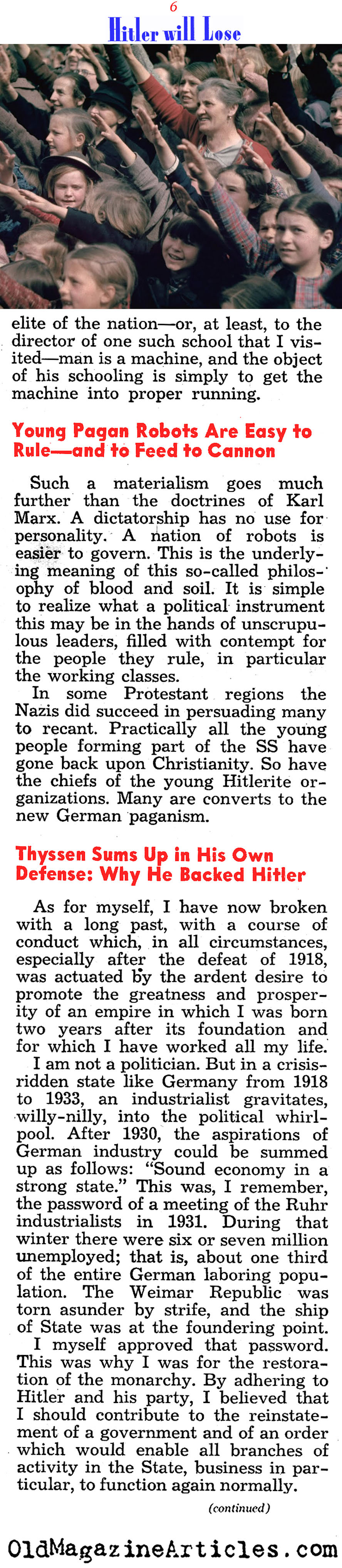 Fritz Thyssen on Hitler (Liberty Magazine, 1941)