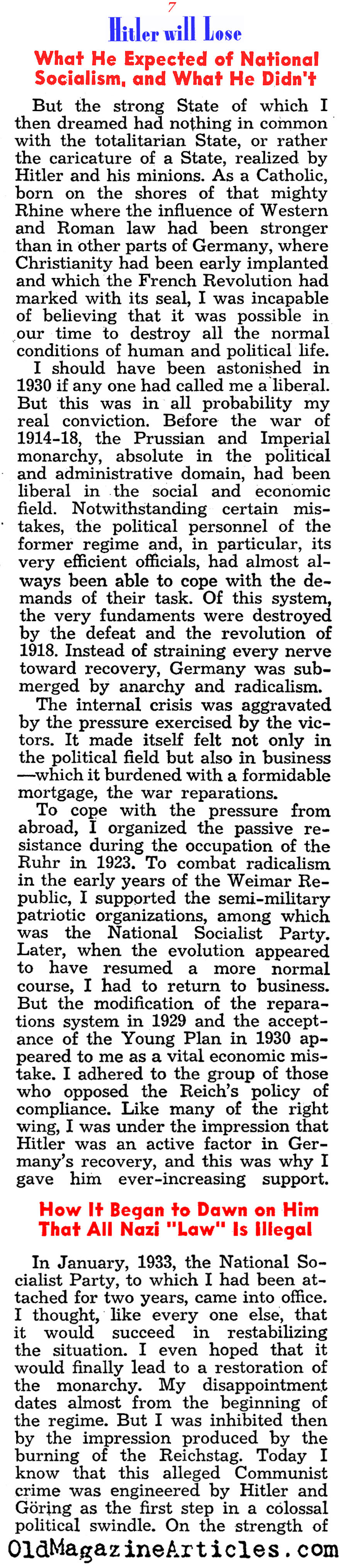 Fritz Thyssen on Hitler (Liberty Magazine, 1941)