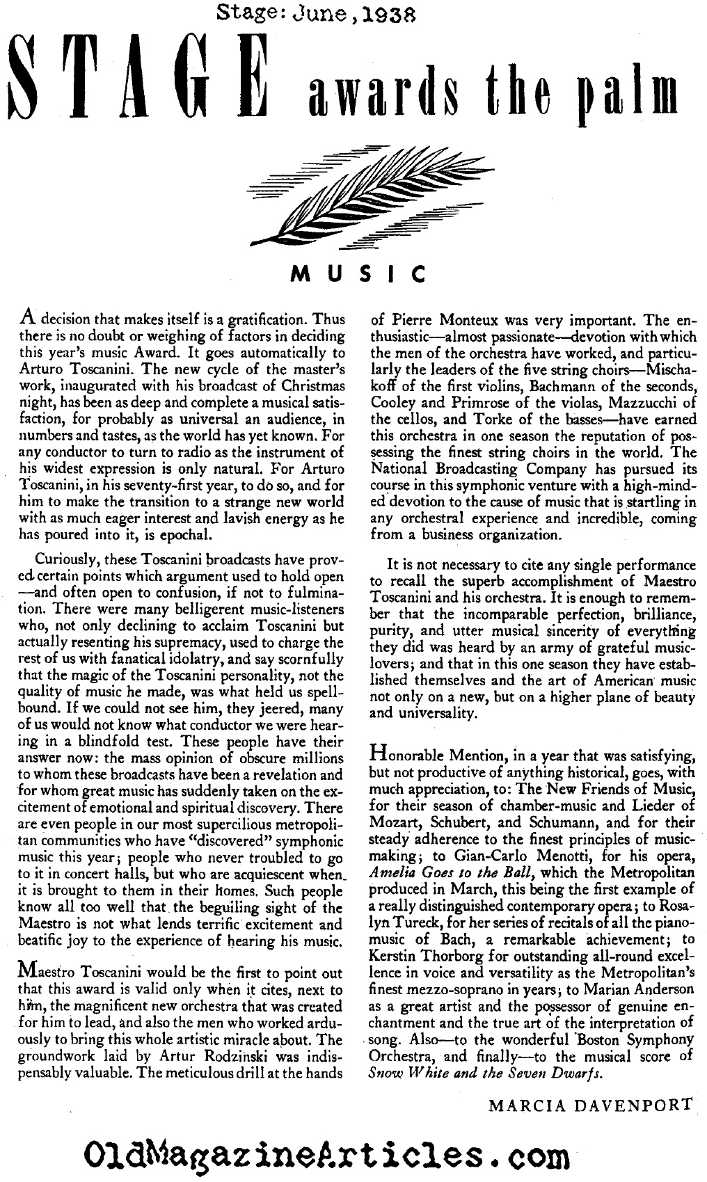 Sweet Words for Maestro Toscanini (Stage Magazine, 1938)