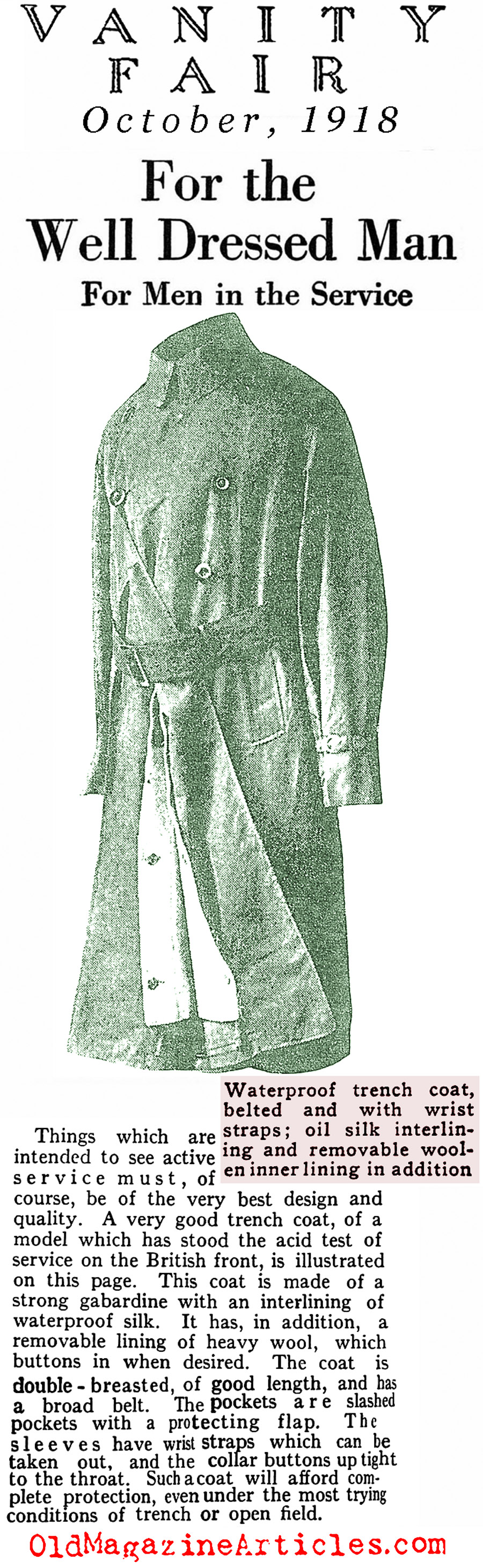 The World War One Trench Coat  (Vanity Fair Magazine, 1918)