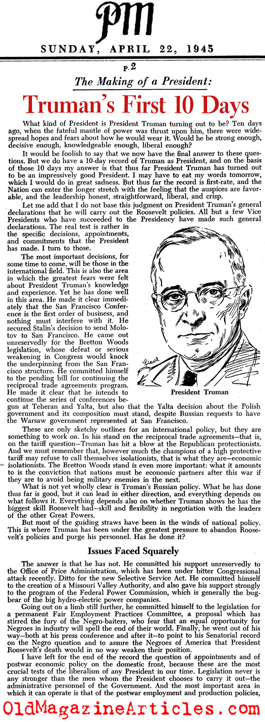 ''Truman's First Ten Days'' (PM Tabloid, 1945)