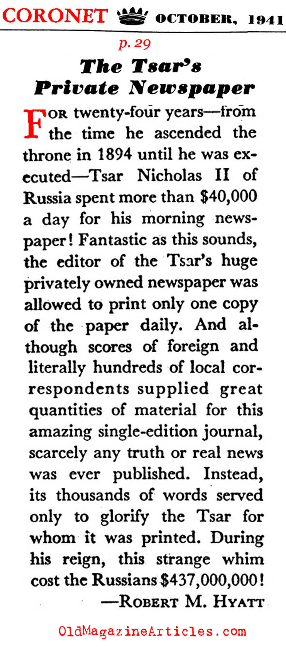 The Czar's Paper (Coronet Magazine, 1941)