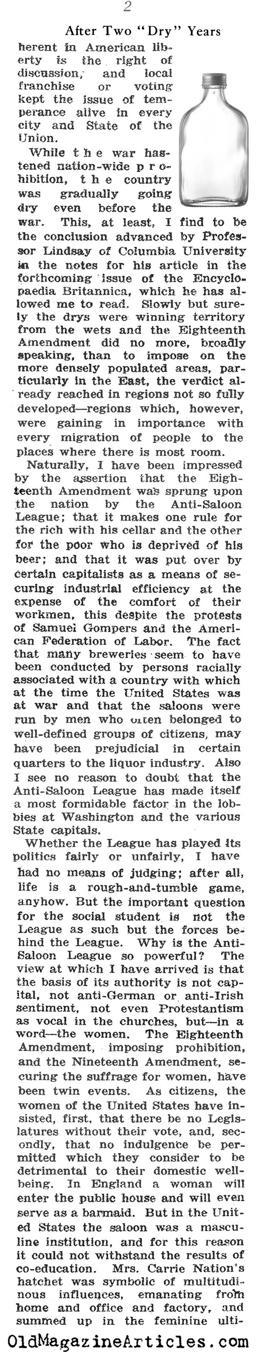 The First two Years of Prohibition (N.Y. Times Book Review, 1922)