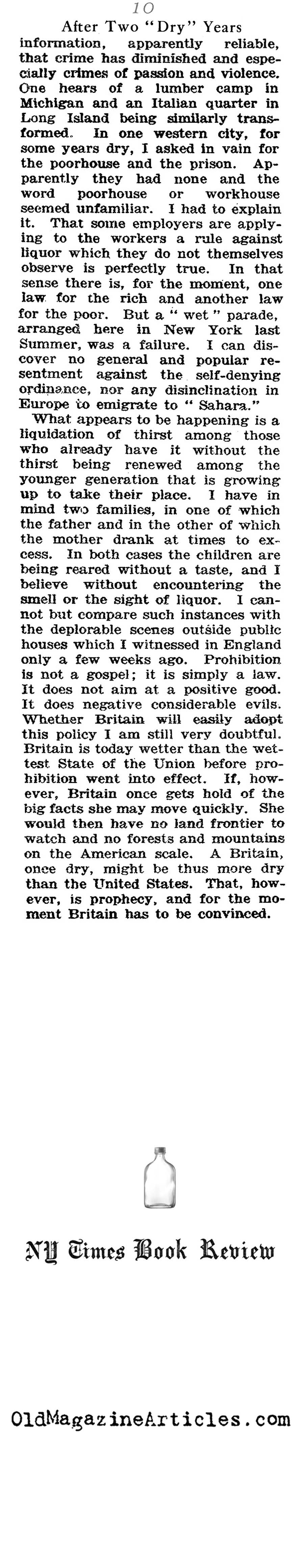 The First two Years of Prohibition (N.Y. Times Book Review, 1922)