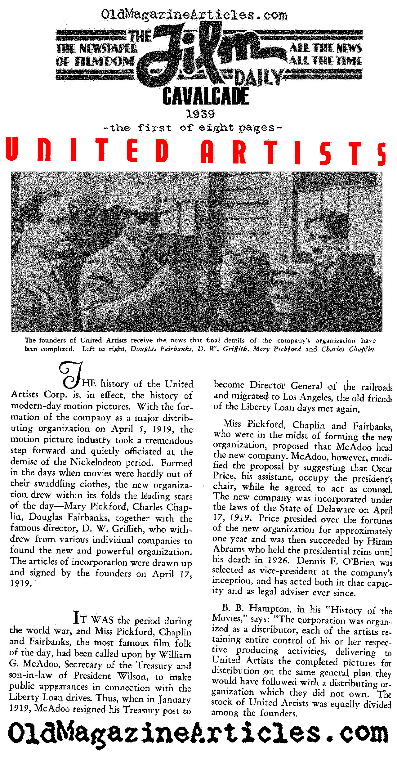 Charlie Chaplin Joins With Pickford, Fairbanks and Griffith to Form United Artists<br>  (Film Daily, 1939)