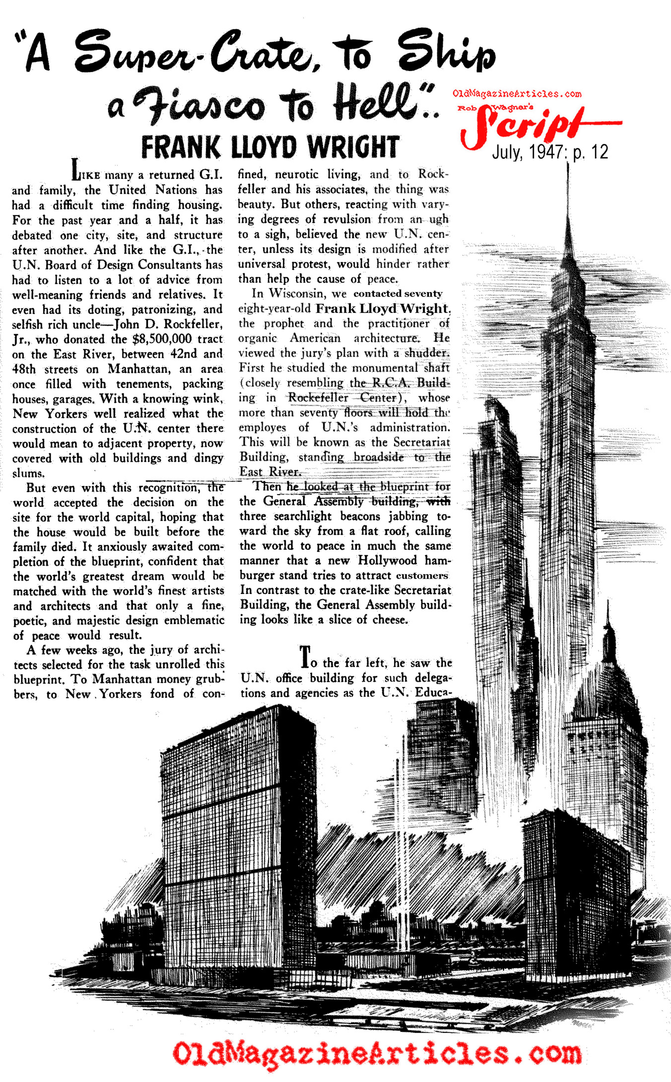 Frank Lloyd Wright Hated the U.N. Building (Rob Wagner's Script Magazine, 1947)