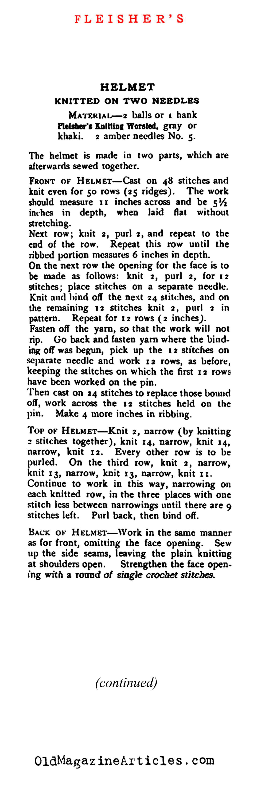 A.E.F.  Knit Uniform Accessories (Fleisher's Catalog, 1918)