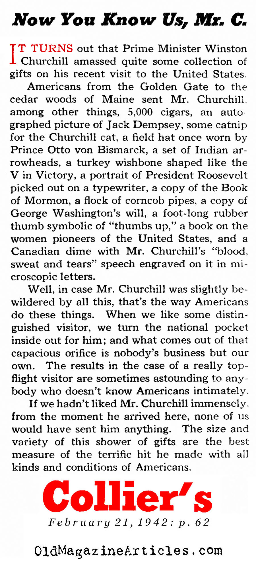 Americans ♥ Winston Churchill (Collier's Magazine, 1942)