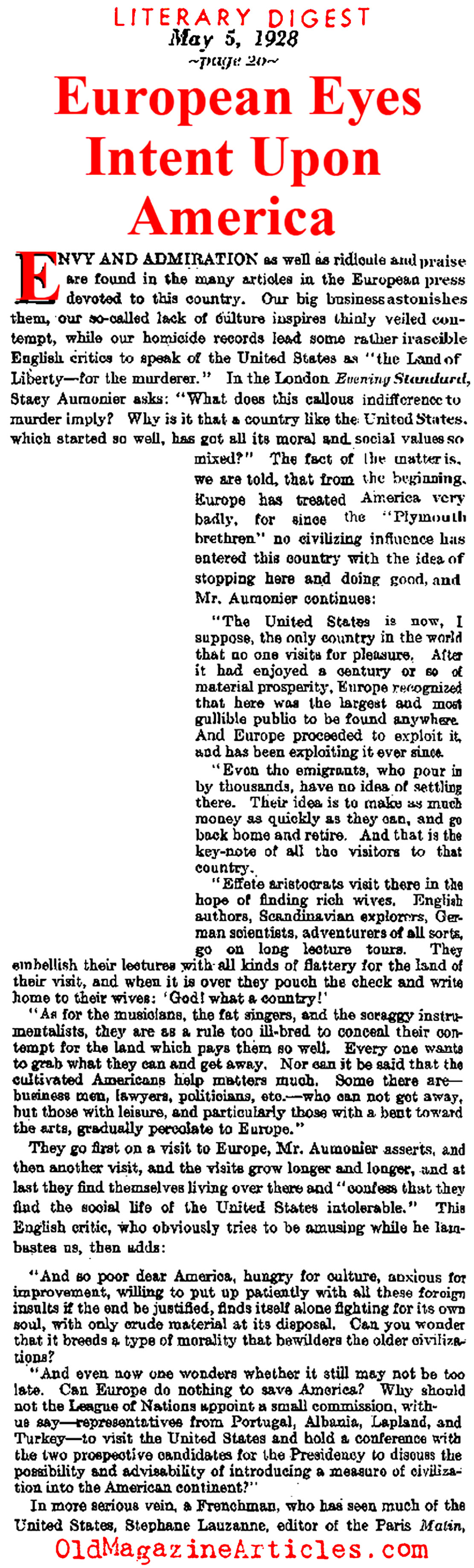 America Vilified in the European Press (Literary Digest, 1928)