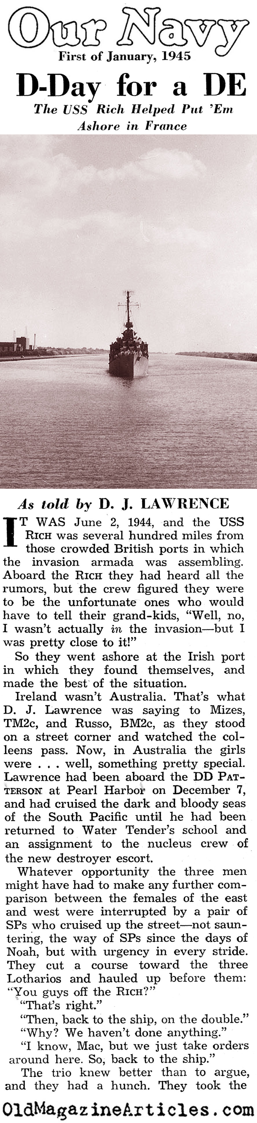 USS <I>RICH</i> Sinks Off of Utah Beach (Our Navy, 1945)