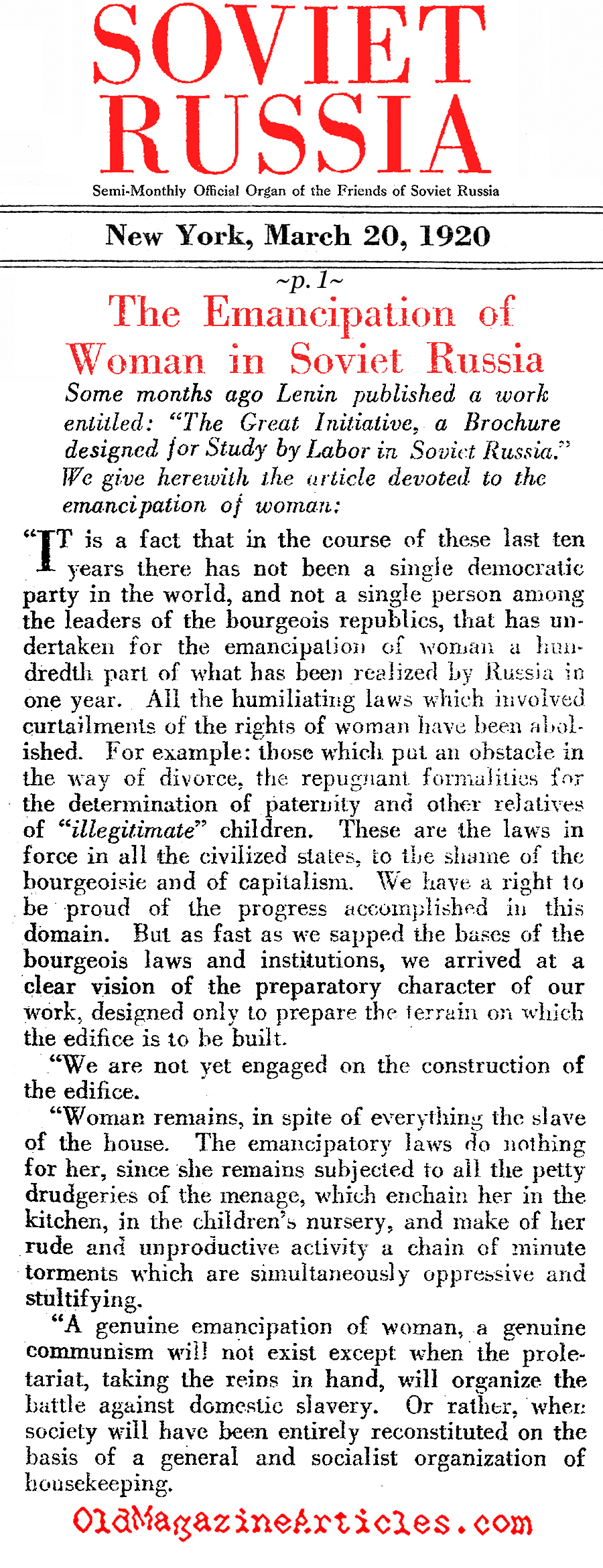 ''The Emancipation of Women in Soviet Russia'' (Soviet Russia Magazine, 1919)